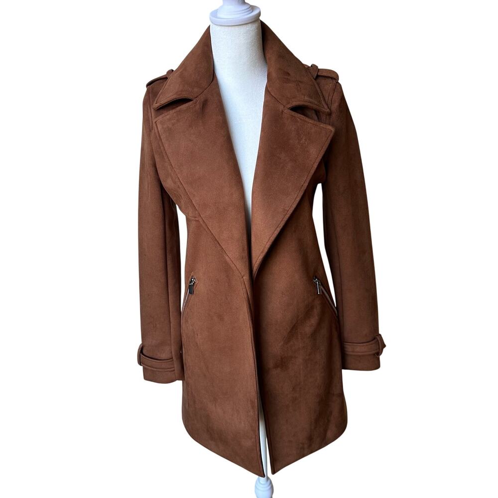 Magaschoni Faux Suede Brown Trench Coat - Size XS